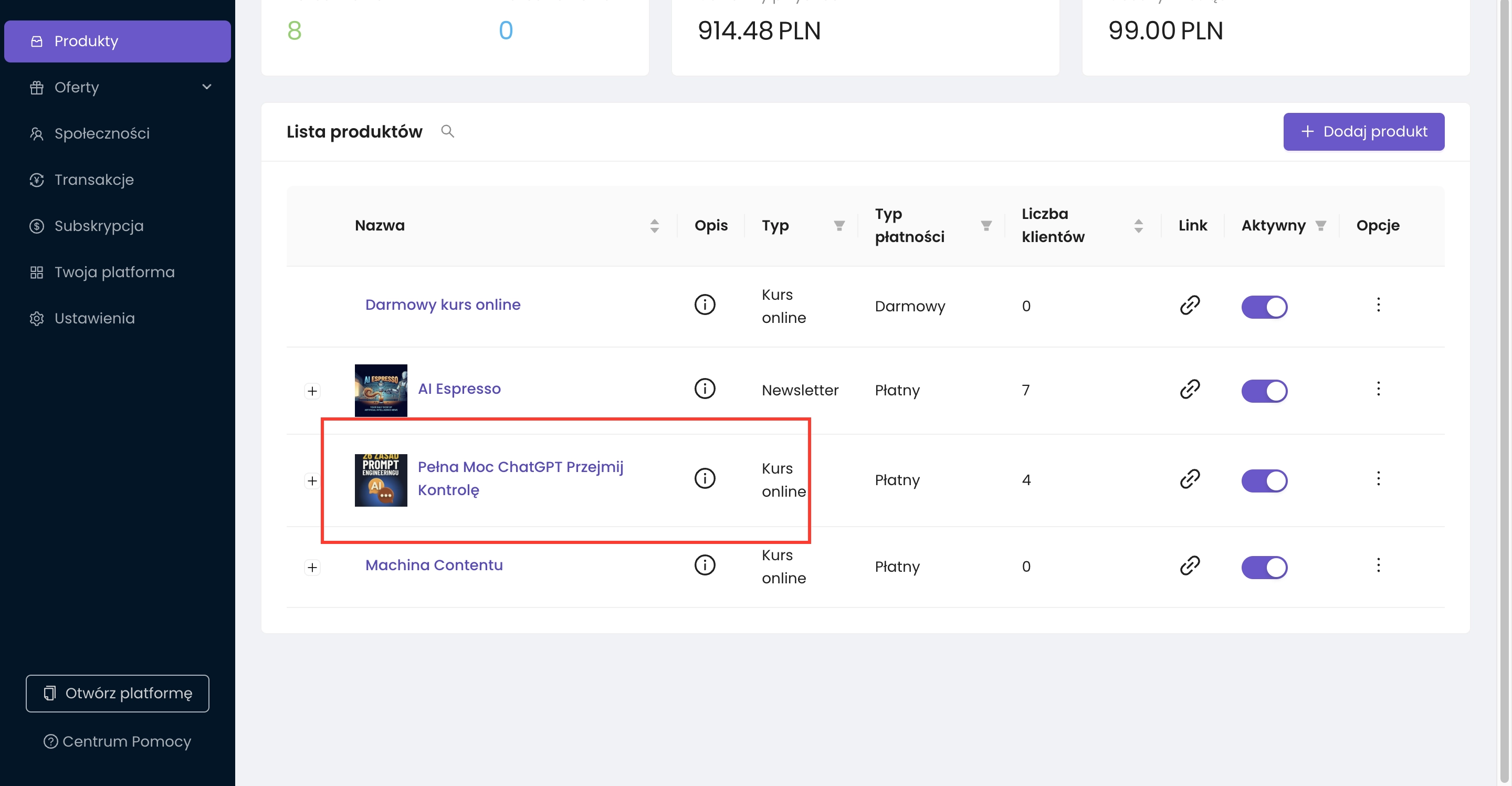 Zanfia panel produkty – wybór produktu Pełna Moc ChatGPT Przejmij Kontrolę
