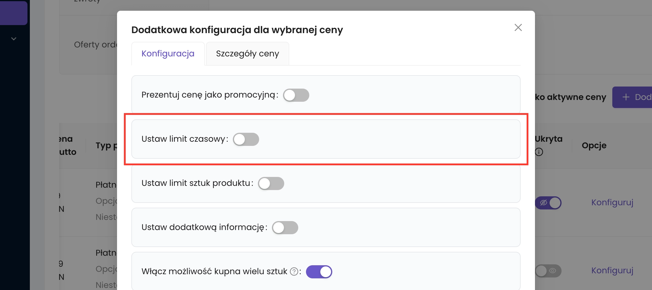 Zanfia konfiguracja ceny – opcja Ustaw limit czasowy