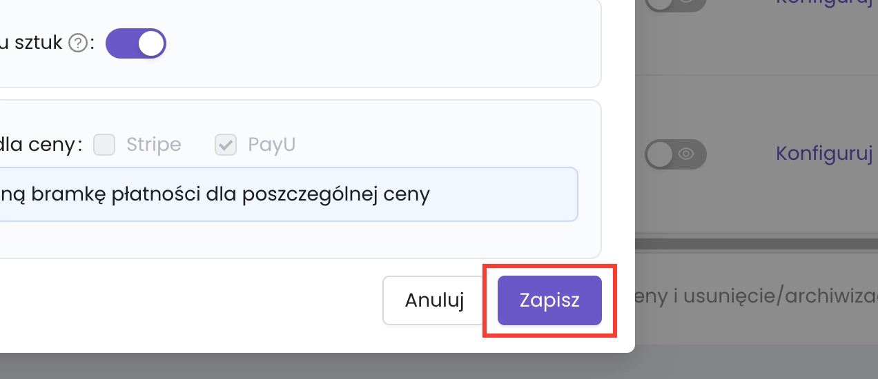 Zanfia zapisz zmianę ceny – przycisk Zapisz