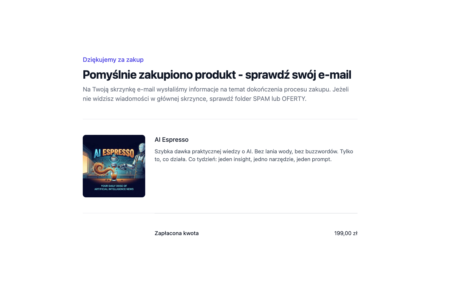 Strona podziękowania Zanfia - przykład po zakupie produktu